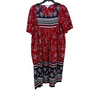Only Necessities House Dress Gown Muumuu Large 18/20 Red Blue Floral Paisley